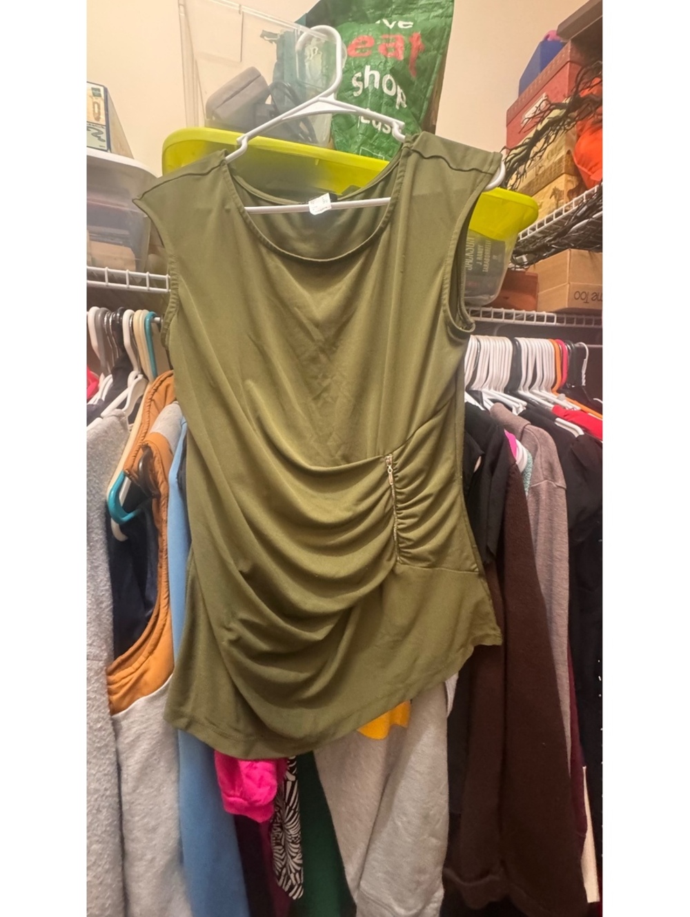 VENUS Olive Green Ruched Sleeveless Top with Side Zip M